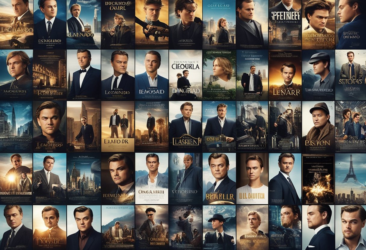 Leonardo DiCaprio's career displayed through 10 iconic film posters, showcasing his evolution and maturity as an actor