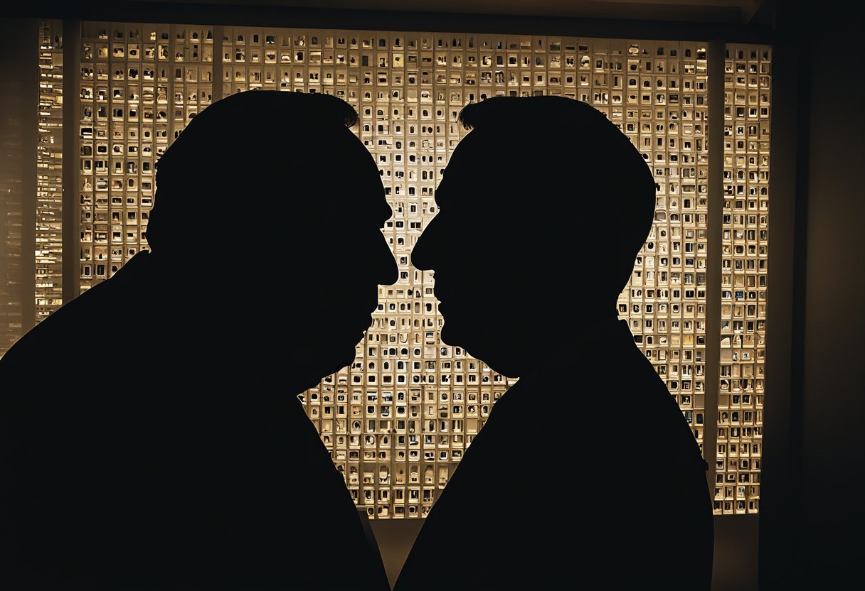 A suspenseful silhouette of Alfred Hitchcock's iconic profile, framed by a hauntingly lit film set with a looming shadow in the background