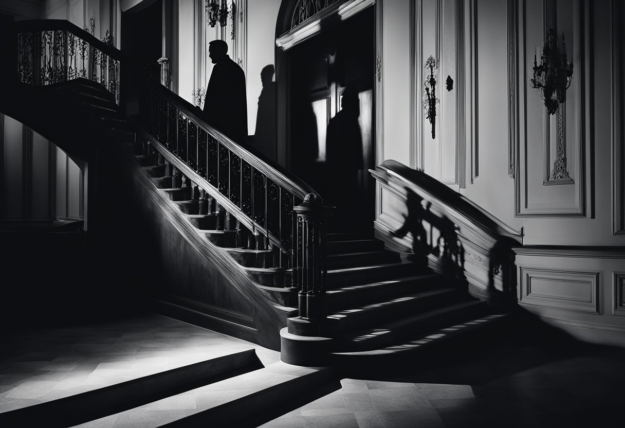 A shadowy figure stands on a dimly lit staircase, a haunting silhouette against the backdrop of a grand mansion. The eerie atmosphere is heightened by the looming presence of the iconic house, shrouded in mystery