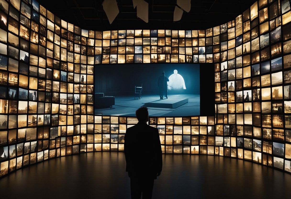 A dimly lit room with a silhouette of a figure watching a projection of Alfred Hitchcock's iconic film scenes on a large screen