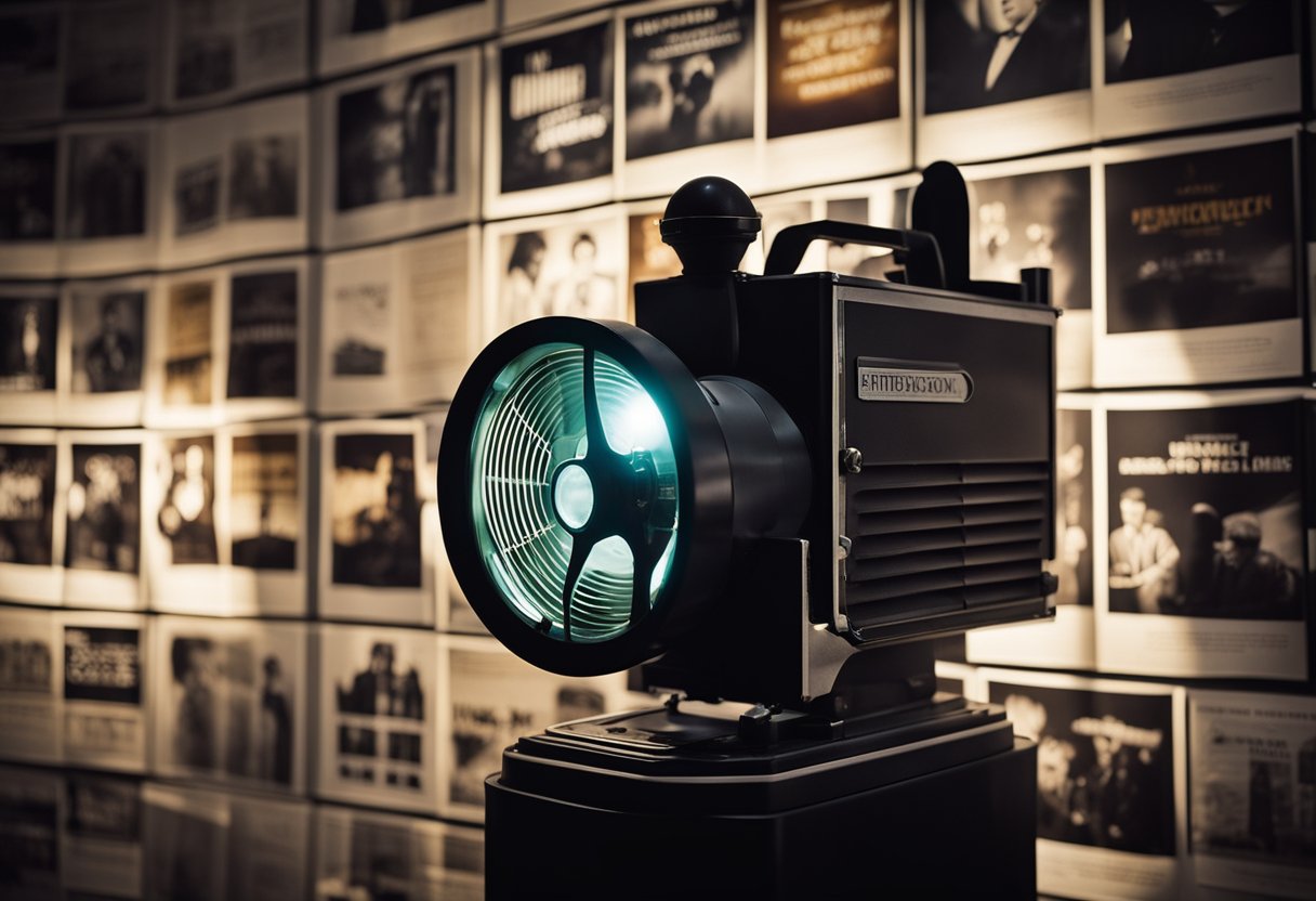 A spotlight illuminates a vintage movie projector, casting shadows on a wall of classic Hitchcock film posters