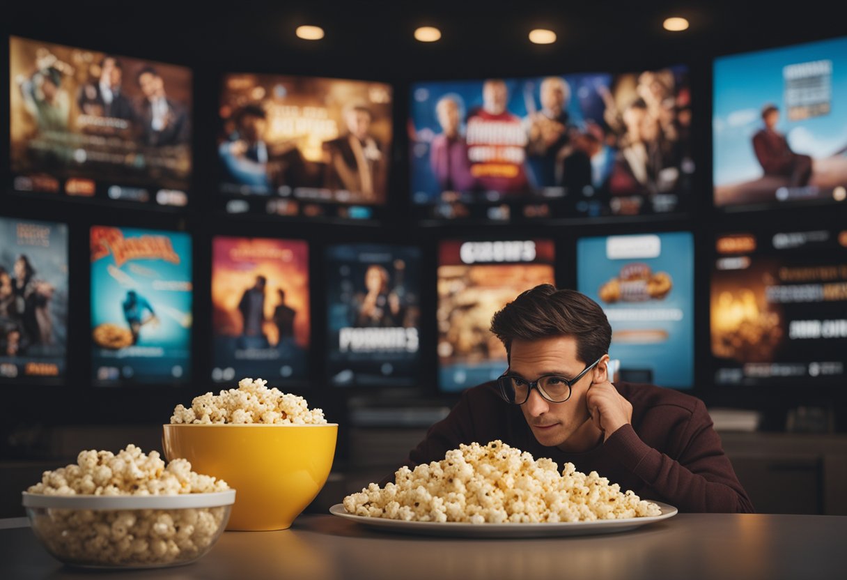 A person browsing through movie genres on a streaming platform, with a thoughtful expression, surrounded by movie posters and a bowl of popcorn