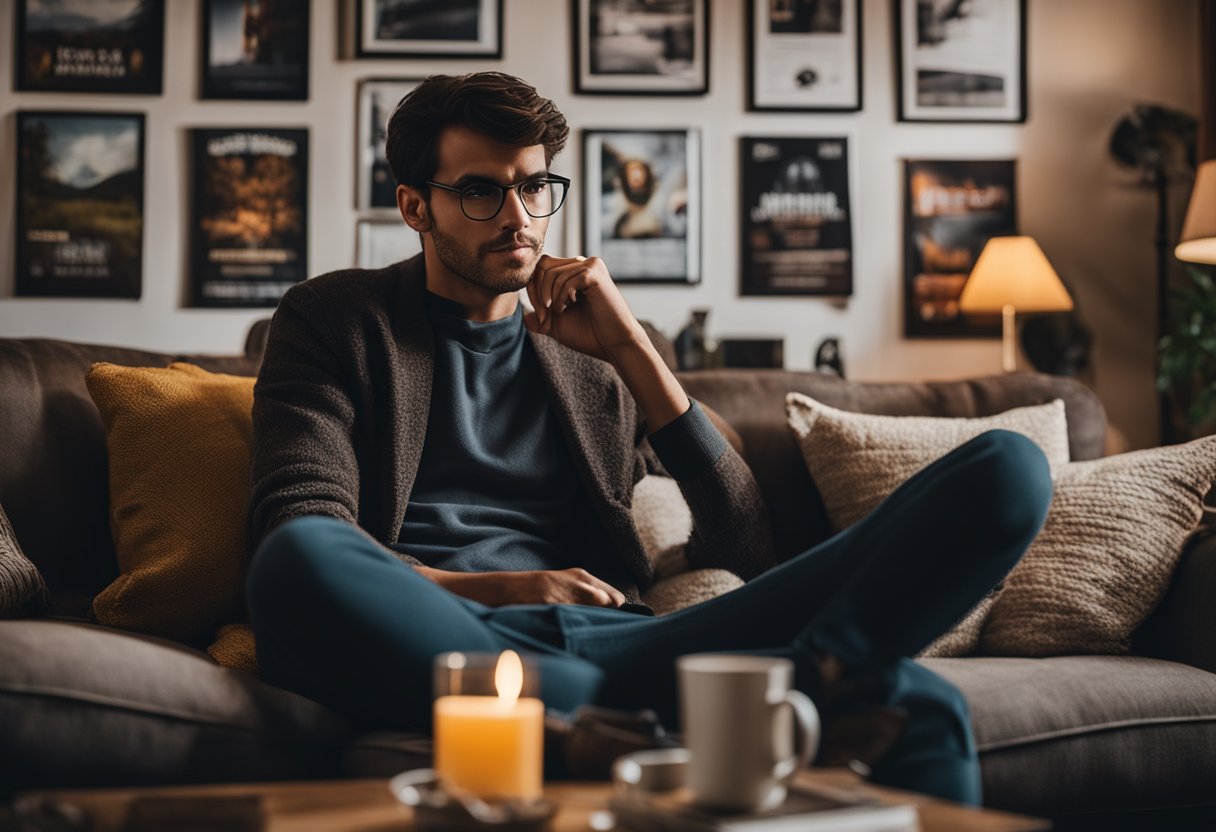 A person evaluating movie options, with a thoughtful expression, surrounded by film posters and a cozy living room setting