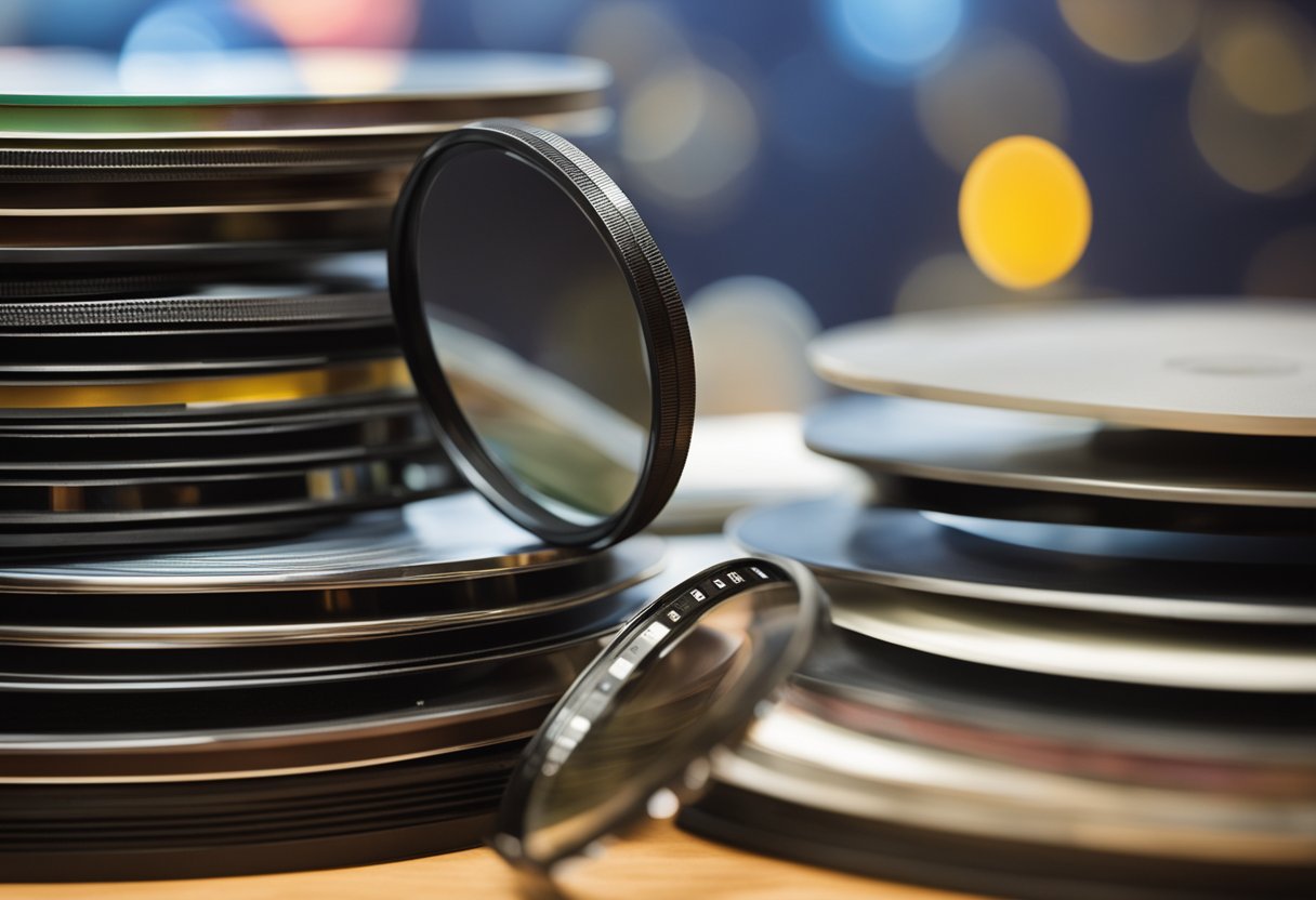 A stack of movie DVDs with a magnifying glass hovering over them, as if trying to choose the best one to watch