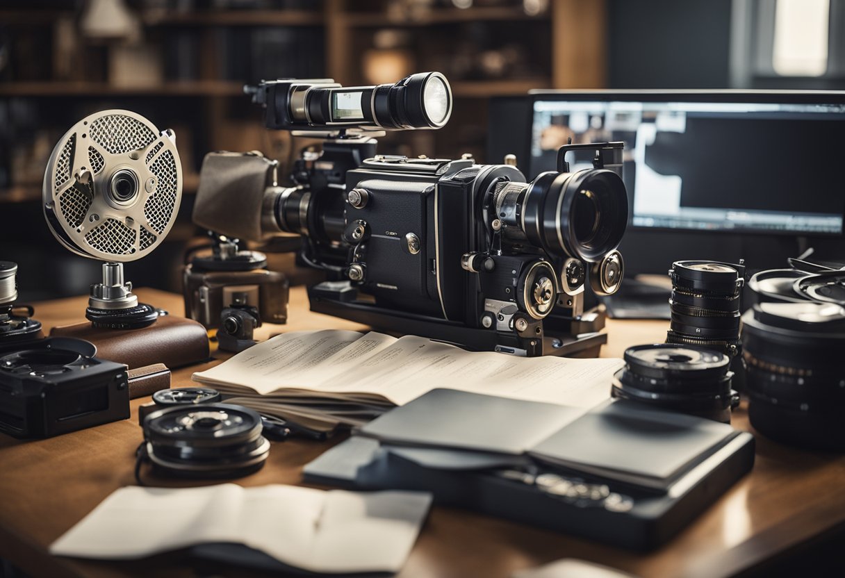 A cluttered desk with movie props, scripts, and behind-the-scenes photos. A movie camera and film reels are scattered around