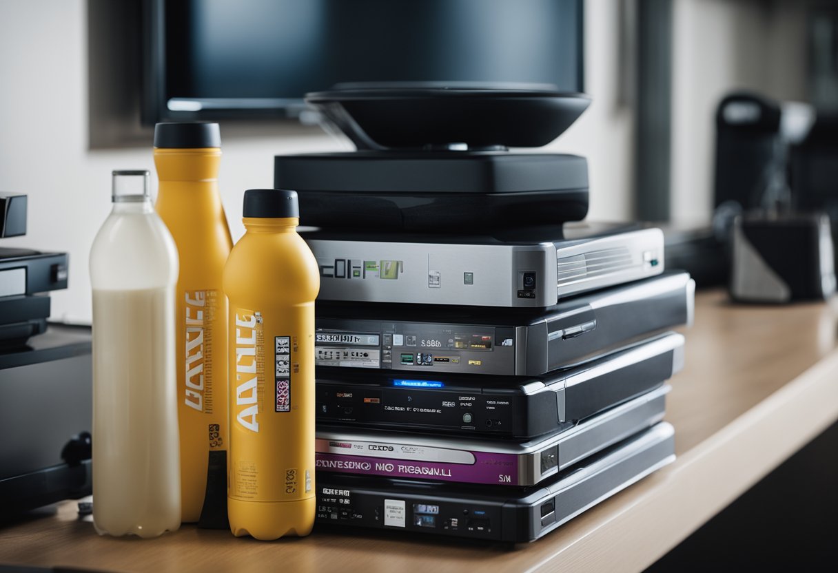 A stack of TV series DVDs lined up next to a treadmill, with a water bottle and snacks on a nearby table