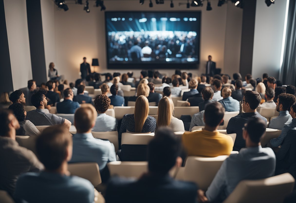 A crowded room with people sitting in front of a large screen, taking notes and discussing TV series