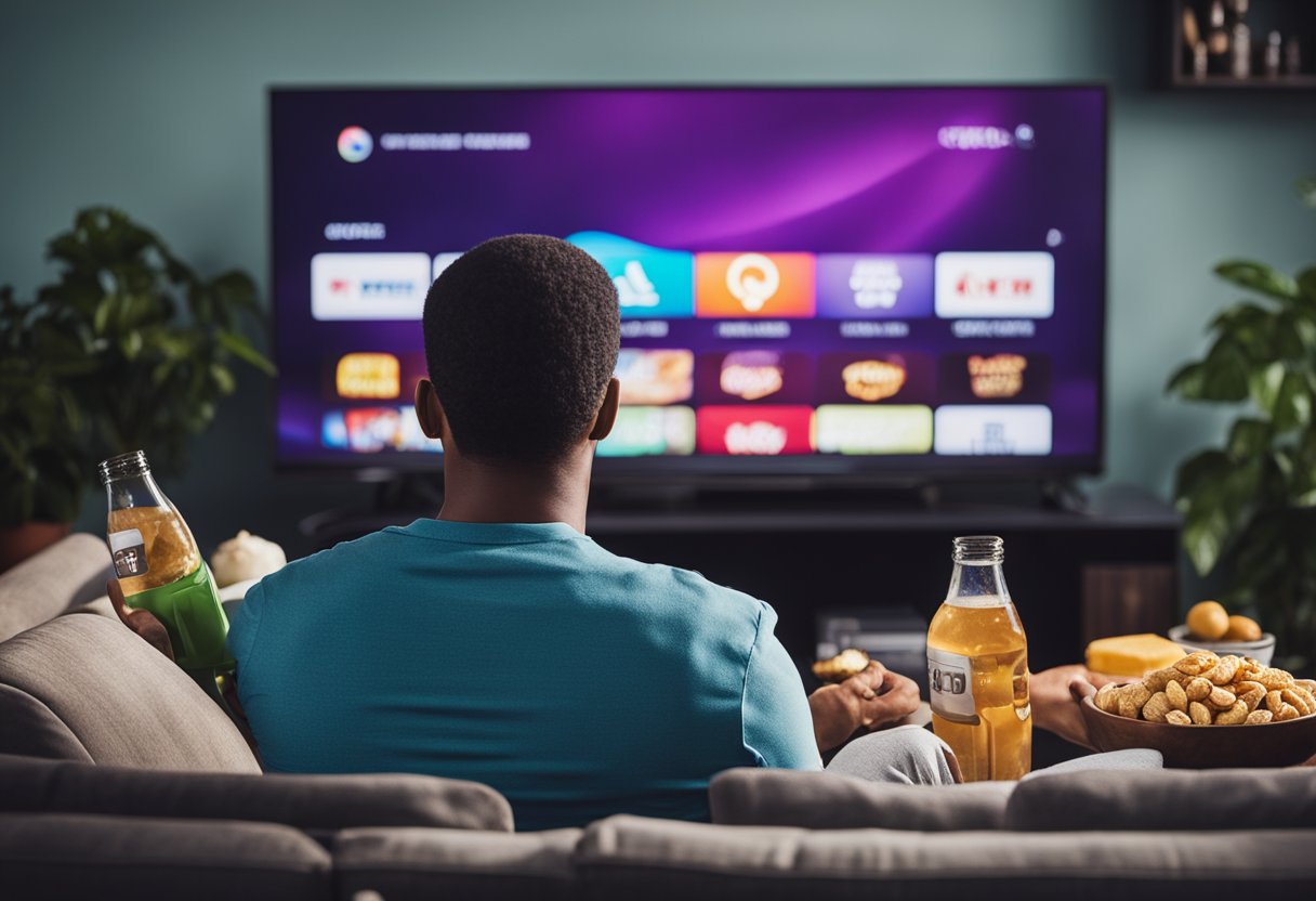 A person sitting on a couch, surrounded by snacks and drinks, with a TV remote in hand, watching a series with focused attention