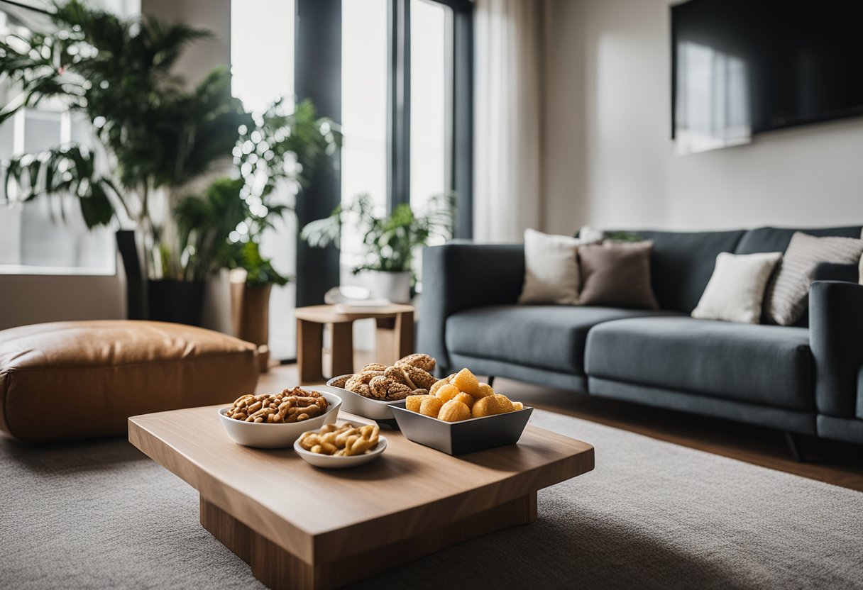 A cozy living room with a TV on, a stack of snacks, and a comfortable couch for binge-watching series without losing momentum