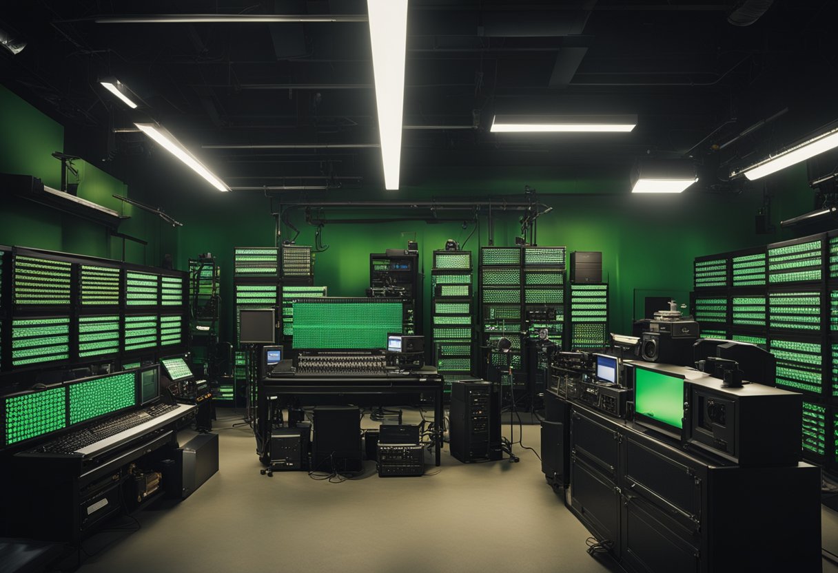 A dark movie studio with flickering lights and towering green screens, surrounded by shelves of props and equipment