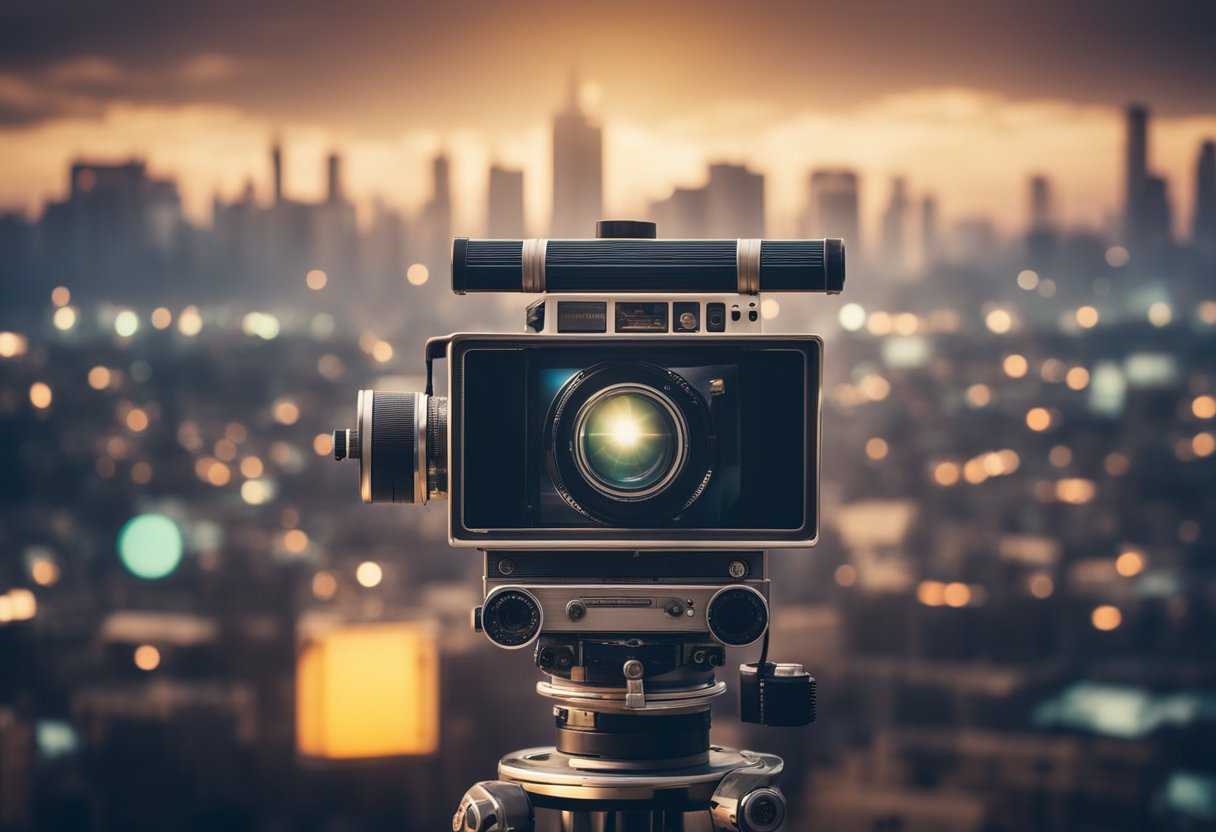 A glittering Hollywood skyline with iconic movie studio logos, surrounded by vintage film cameras and magical special effects equipment