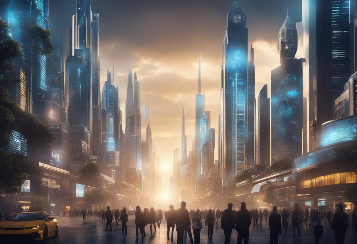 A futuristic cityscape with holographic projections and advanced technology, showcasing the evolution of digital effects in cinema