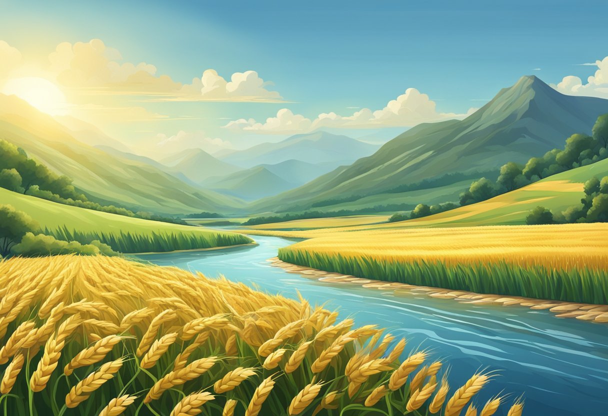 A field of wheat sways in the wind, surrounded by mountains and a flowing river, under a clear blue sky