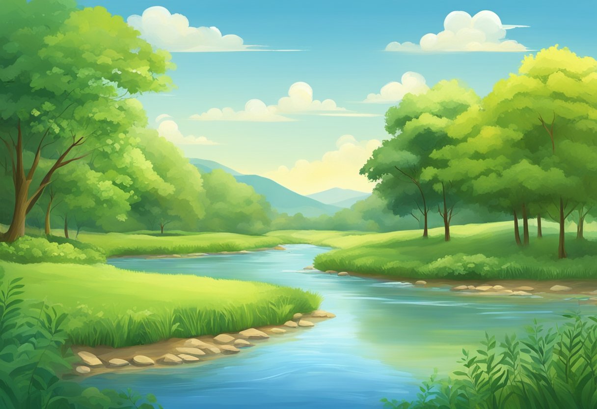 A peaceful countryside with a flowing river, lush greenery, and a clear blue sky, evoking a sense of tranquility and abundance