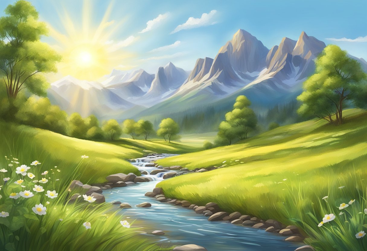 A peaceful meadow with a flowing stream, surrounded by tall mountains and a bright sun shining in the sky