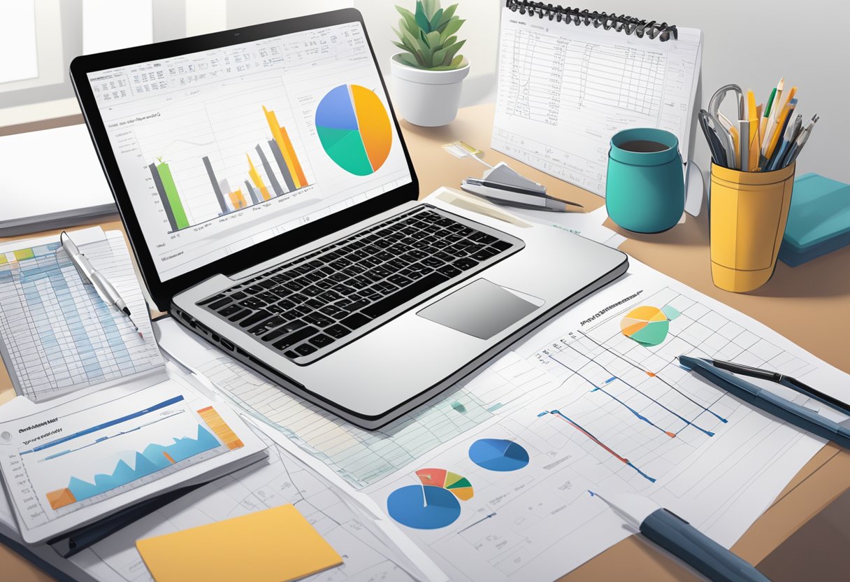 A desk cluttered with financial documents, a laptop open to a spreadsheet, and a whiteboard with a strategic financial plan