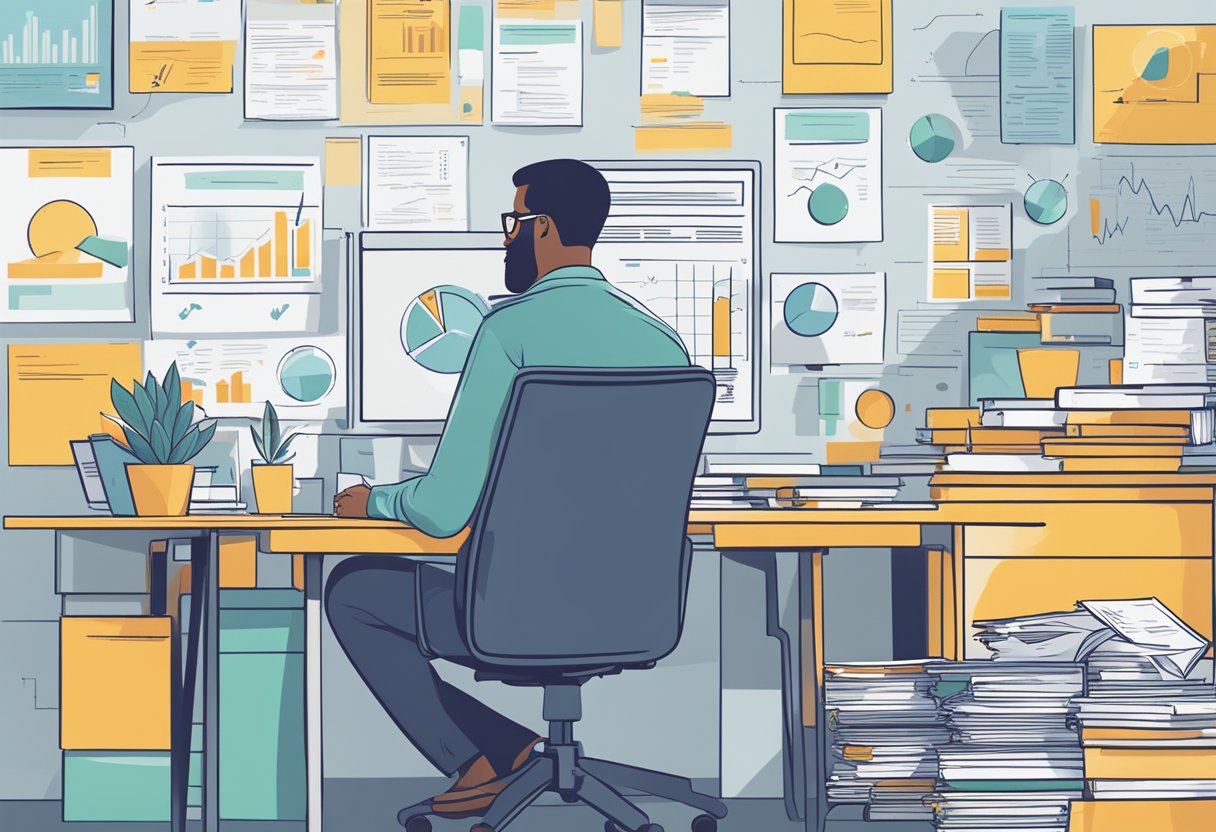 A social entrepreneur sits at a desk, surrounded by financial documents and charts. They are actively managing their finances and leveraging support mechanisms to fund their ventures