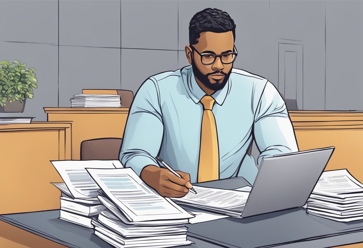 A person reviewing legal documents and financial records for social entrepreneurship compliance