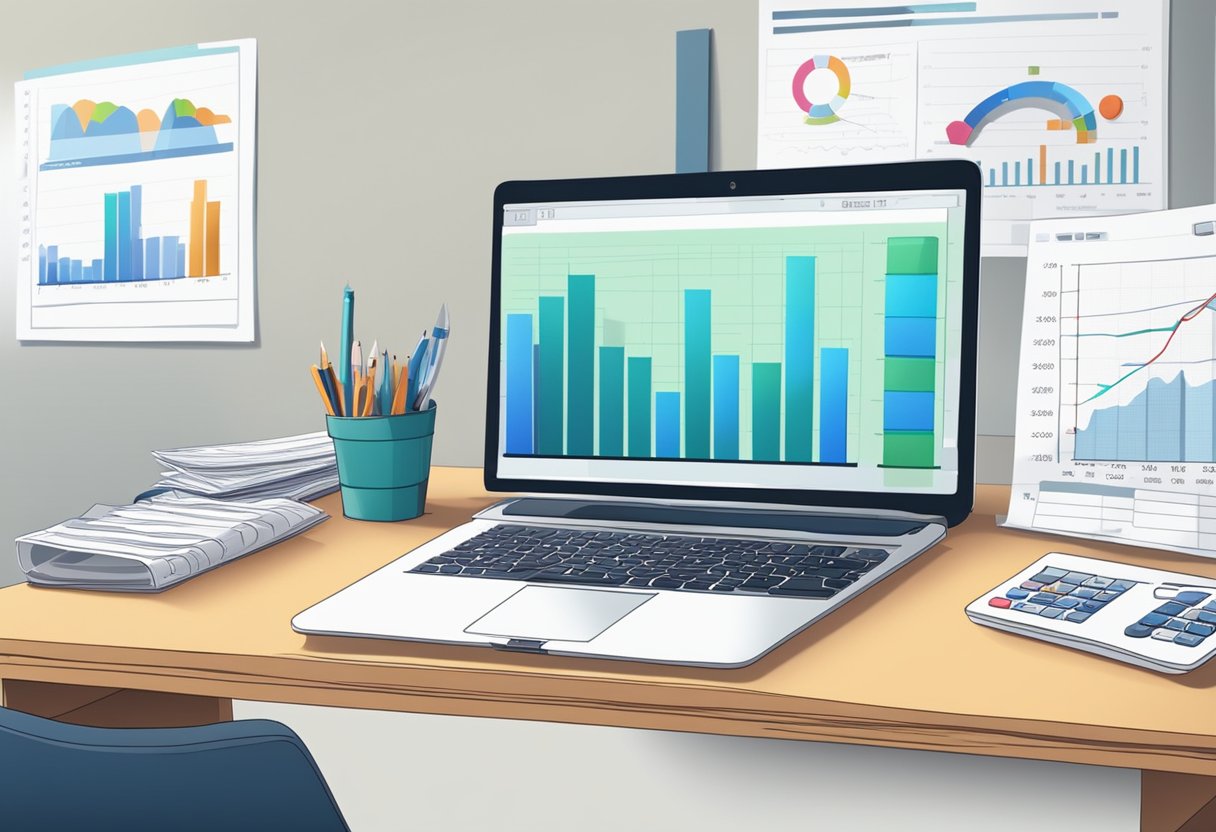 A desk with a laptop, calculator, and financial documents. Charts and graphs on the wall. A person working on budgeting and reporting