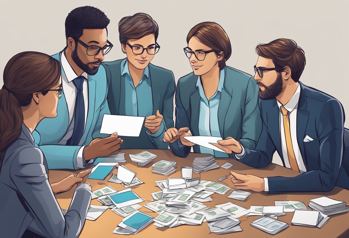 A group of professionals gather around a table, exchanging business cards and discussing financial strategies. A web of connections and partnerships forms in the background
