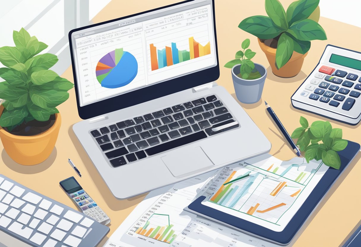 A desk with a laptop, calculator, and financial documents. A chart showing income and expenses. A plant in the background