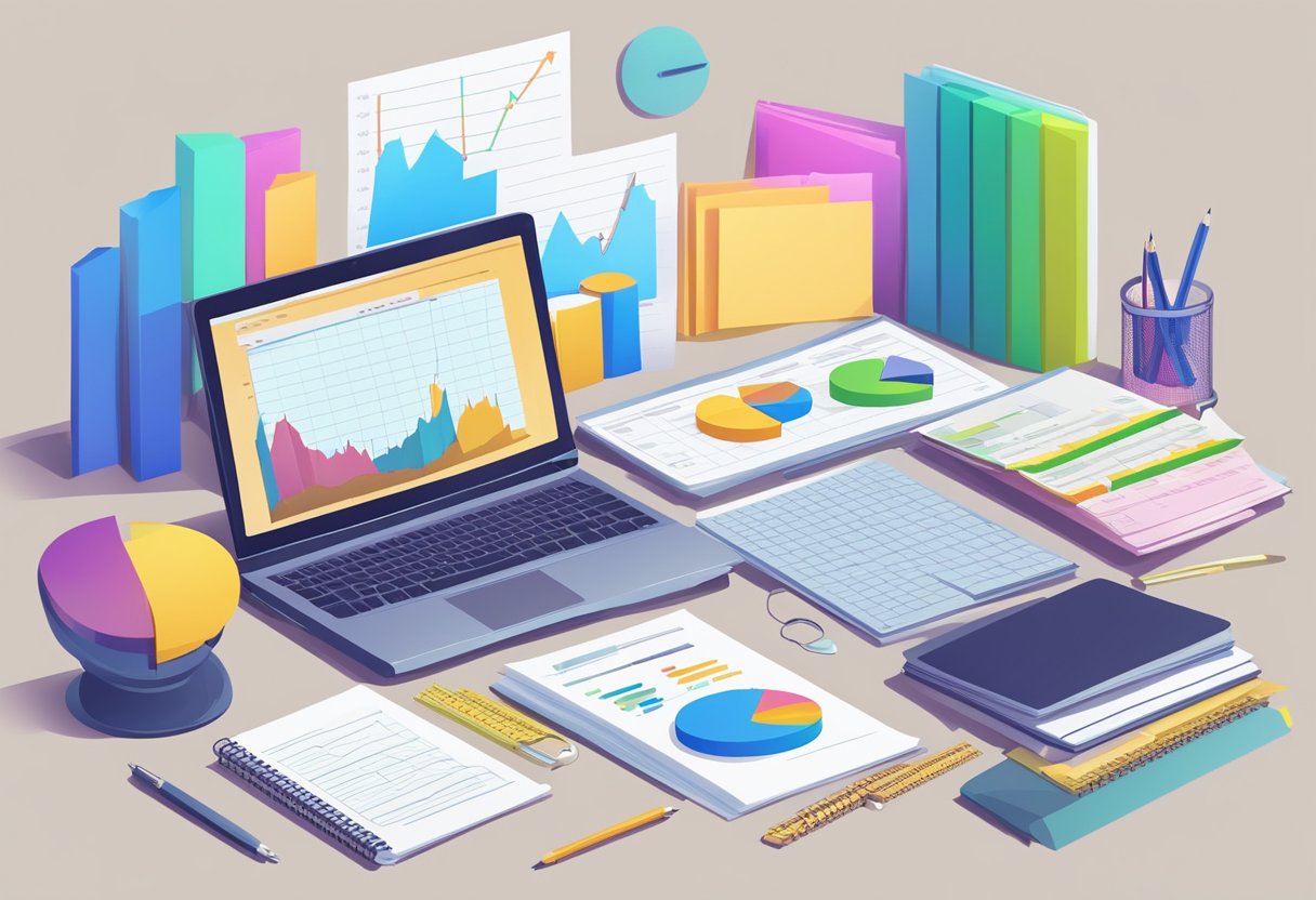 A desk with a laptop, notebook, and calculator. A stack of financial documents and a chart showing revenue growth. Post-it notes with financial tips