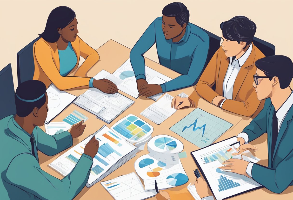 A diverse group of people gather around a table, discussing and brainstorming ideas. Charts and graphs are displayed, showing progress and impact