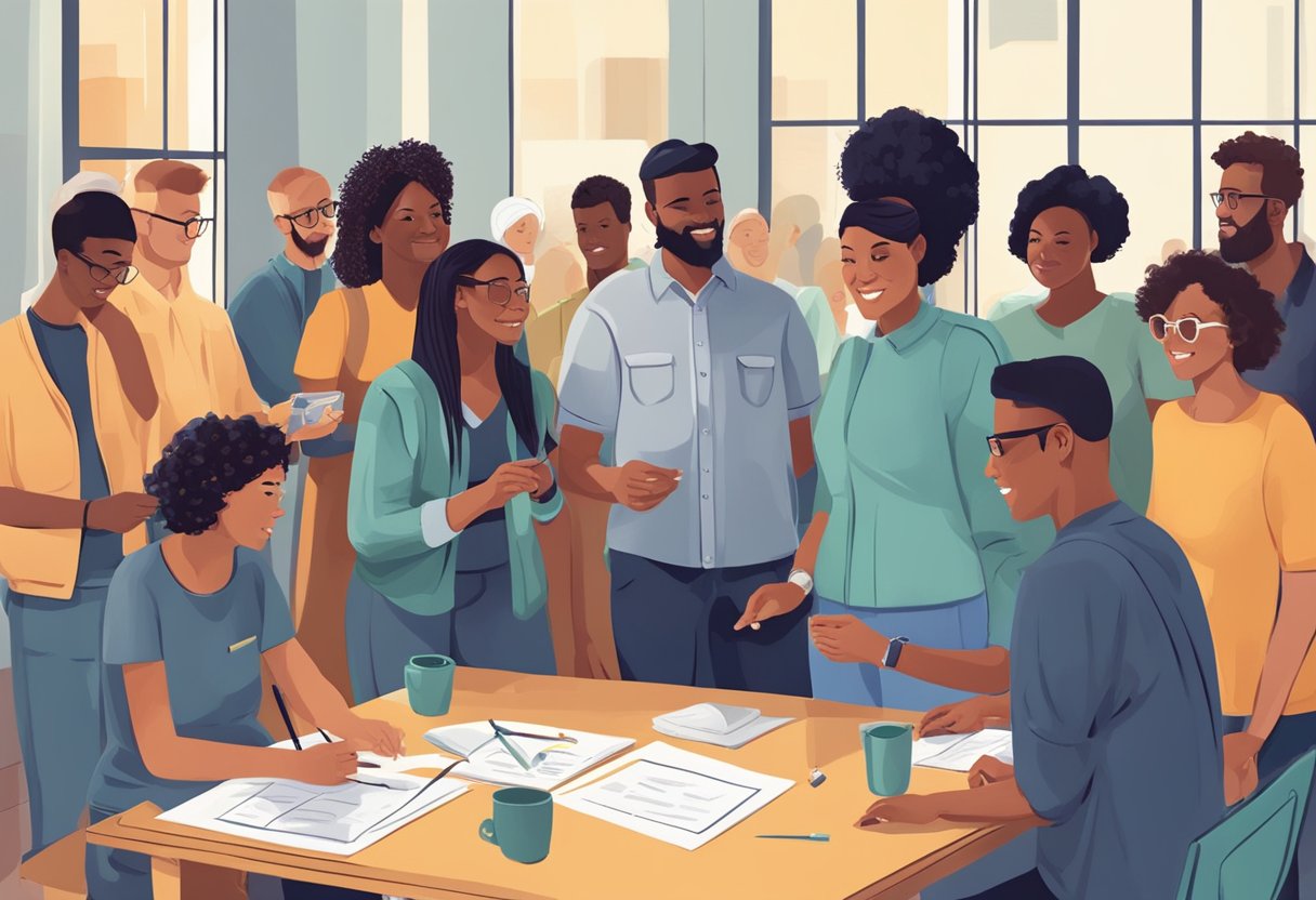 A group of diverse people engage in community projects, measuring and discussing their social impact