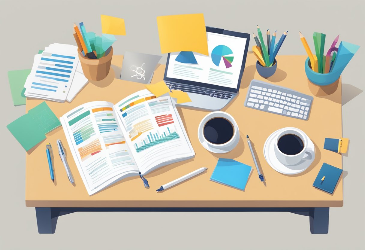 A table with a pen and paper, surrounded by charts and graphs, representing the process of setting and measuring social impact goals and objectives
