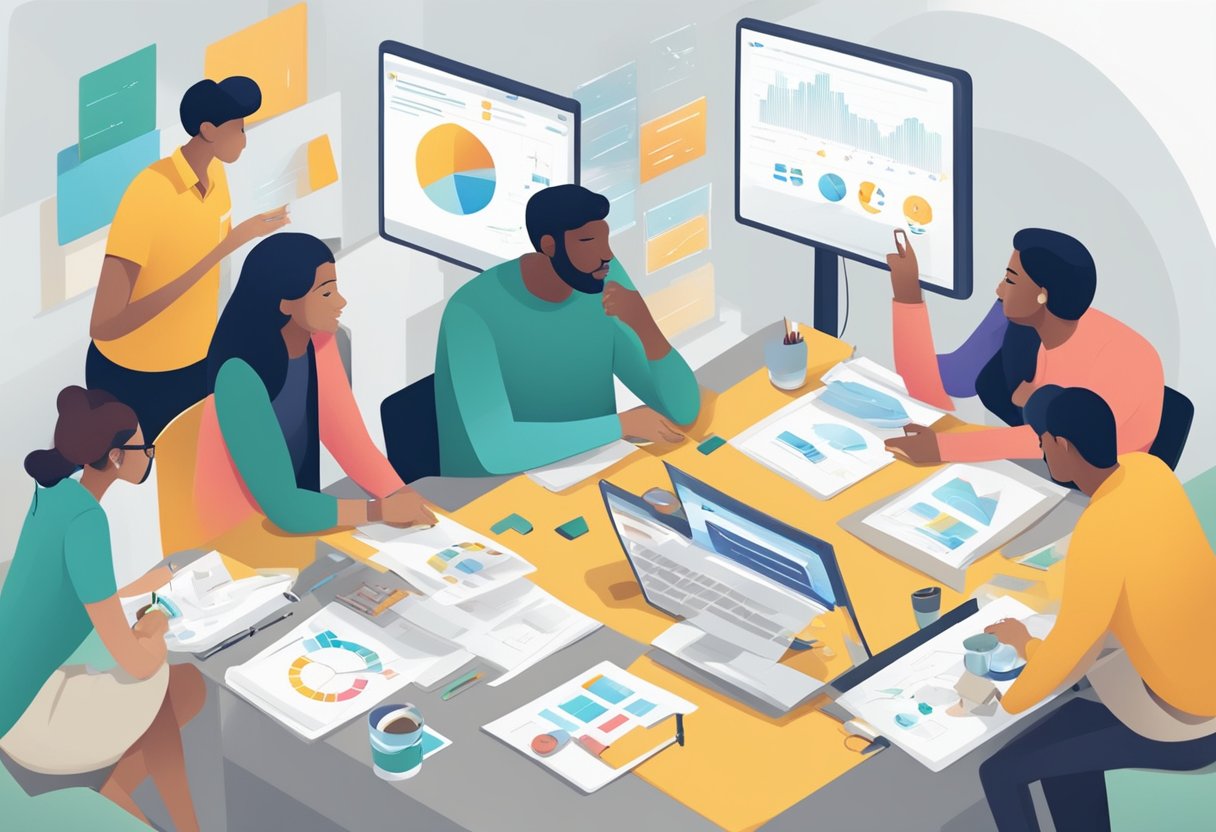 A group of people collaboratively brainstorming and implementing strategies, while using various tools to measure and track their social impact