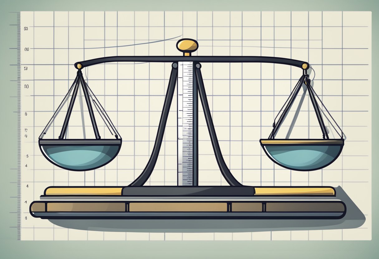A scale with various weights, a ruler, and a graph showing positive impact over time