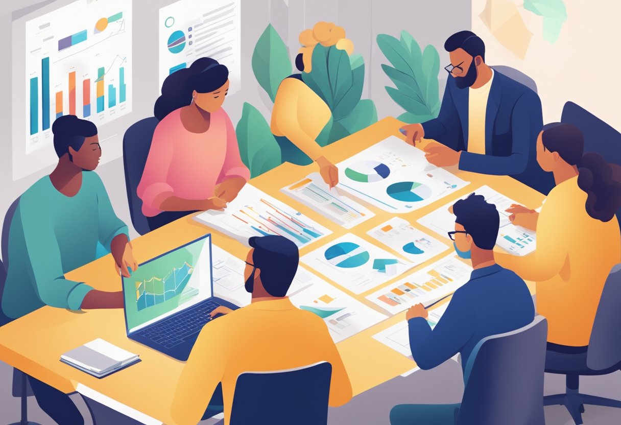 A group of people collaborate on a project, using data and charts to measure and manage social impact initiatives