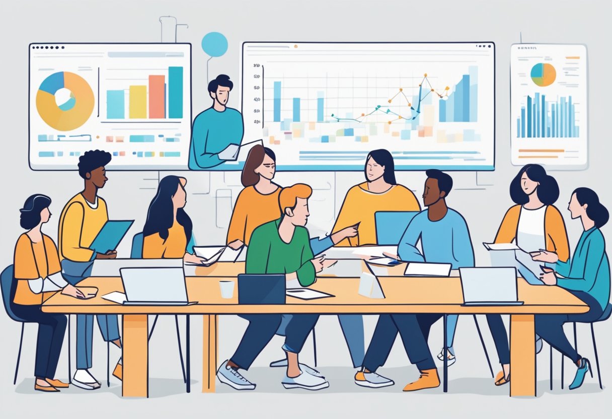 A group of people gather around a table, exchanging ideas and data. Charts and graphs are displayed on a screen, while others take notes and engage in discussion