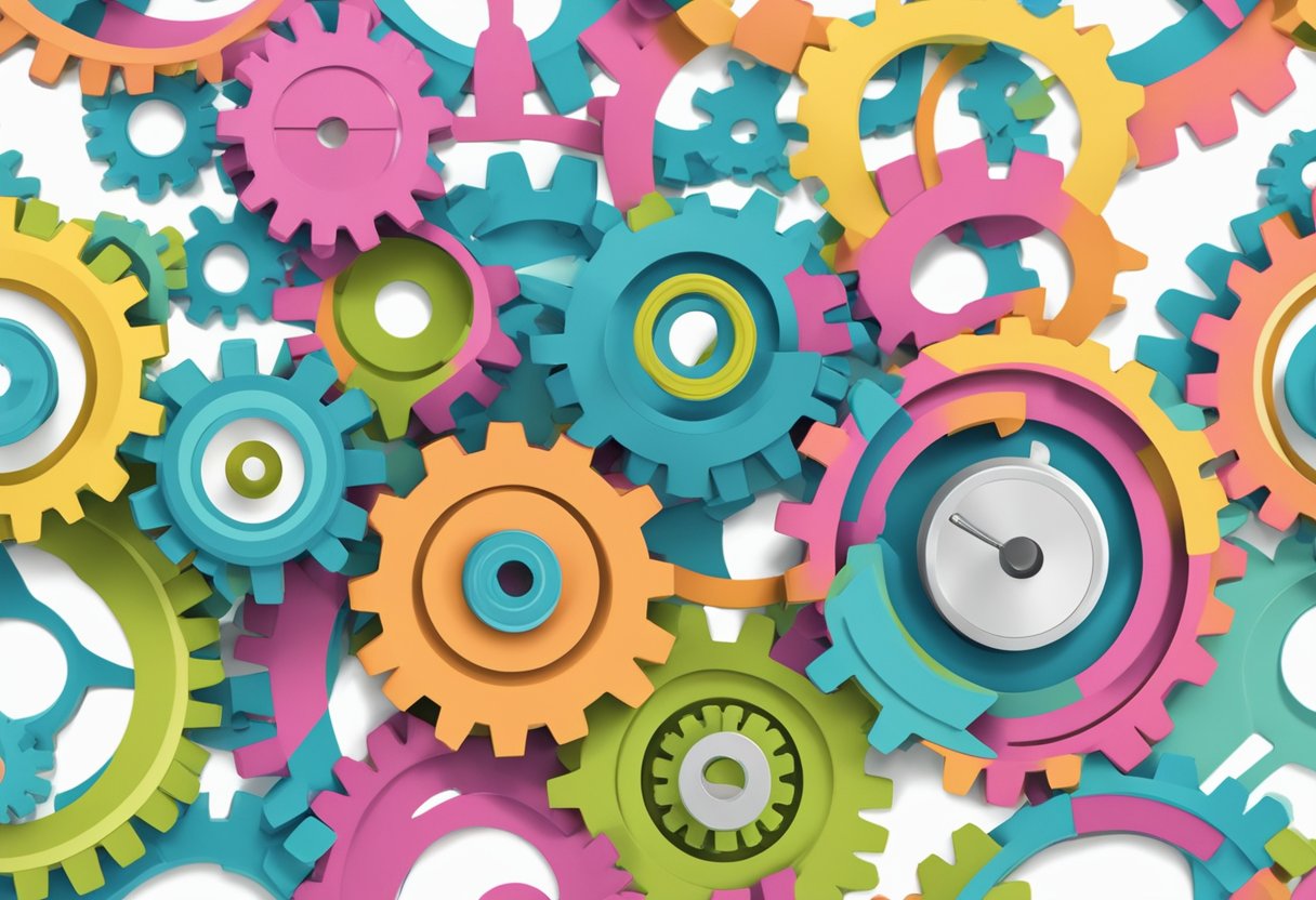 A group of interconnected gears turning, with a measuring tape wrapping around them, symbolizing continuous learning and development creating and measuring social impact