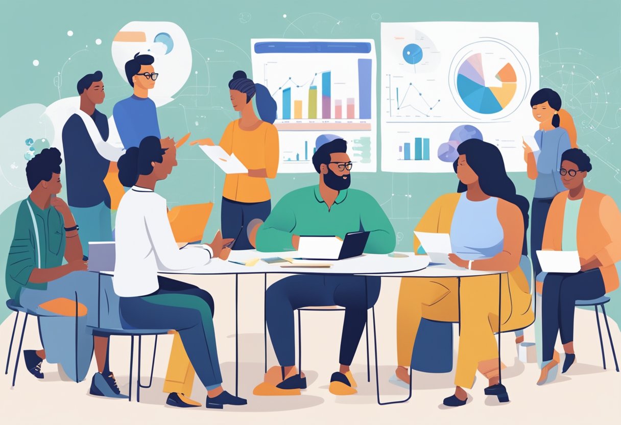 A diverse group of people discussing and brainstorming ideas, surrounded by charts, graphs, and data illustrating social impact