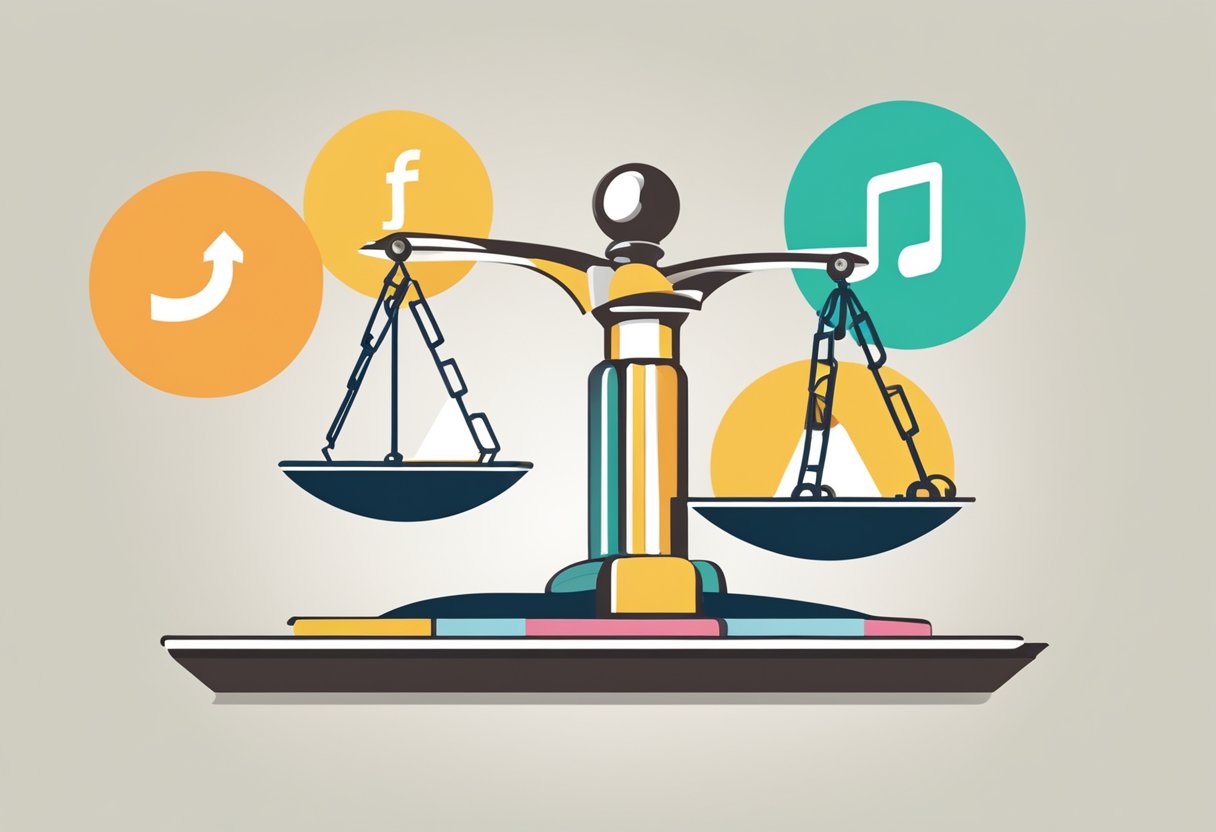 A scale balancing fairness and ethics, surrounded by diverse symbols of social impact