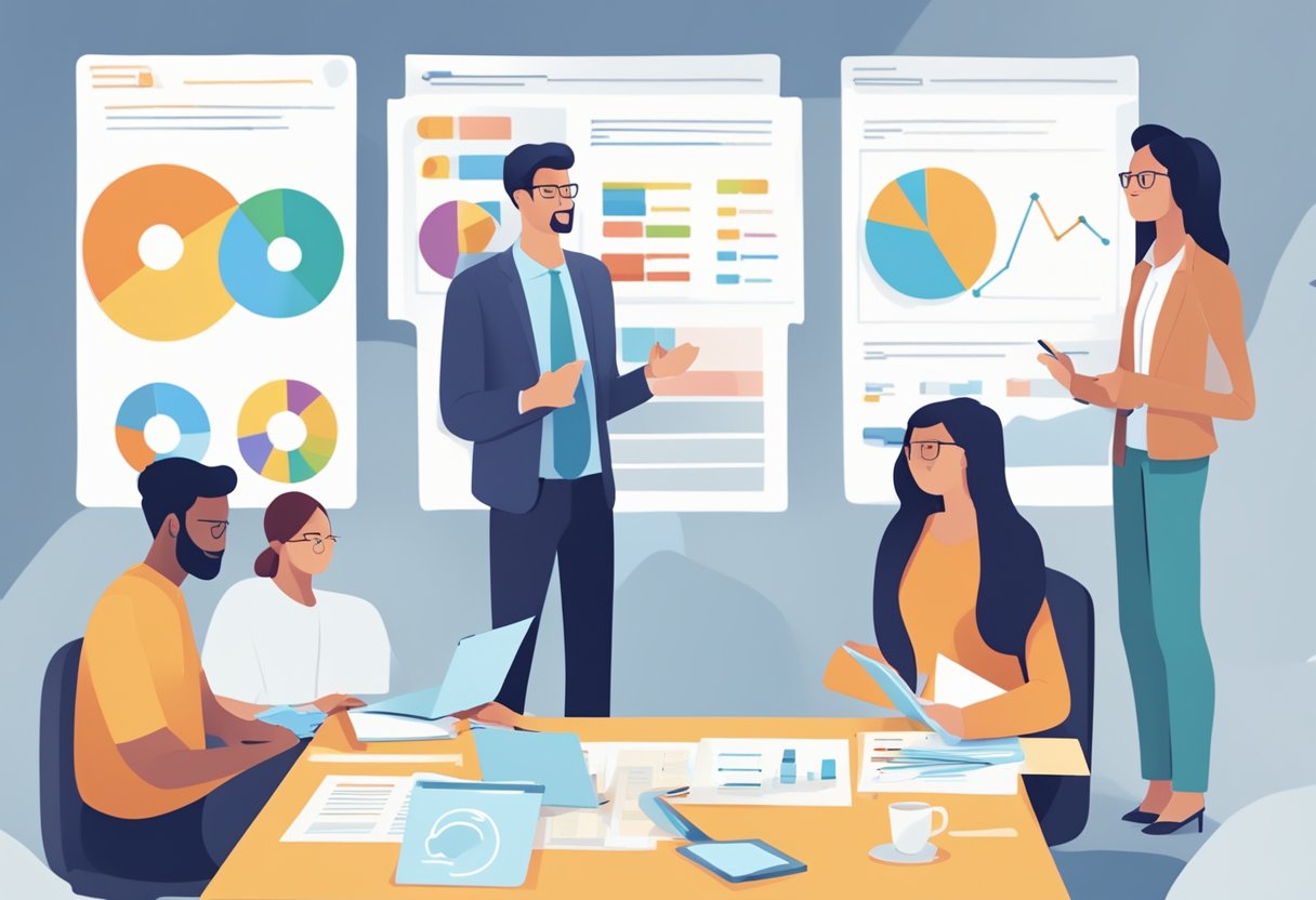 A group of people engaging in discussions, holding charts and graphs, and measuring impact through surveys and data analysis