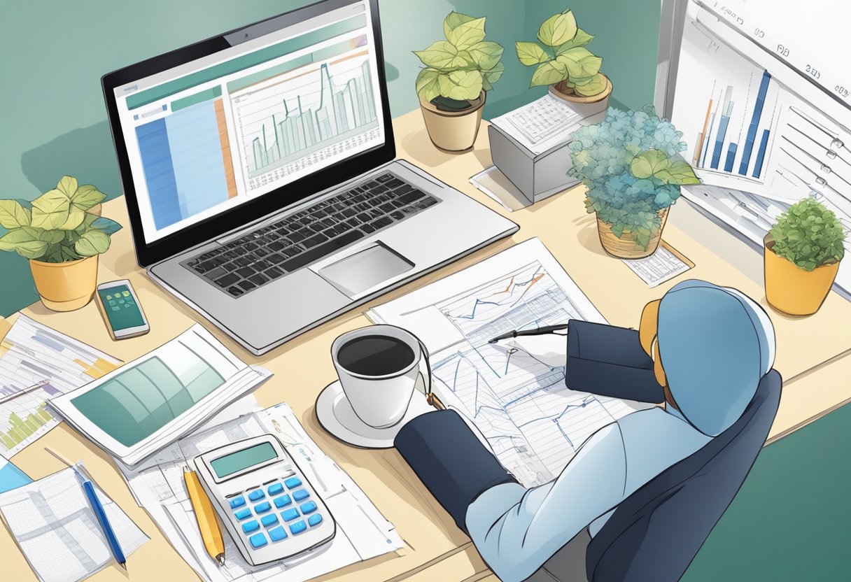 A desk with a laptop, calculator, and financial documents. A person writing notes and organizing papers. Graphs and charts on the wall