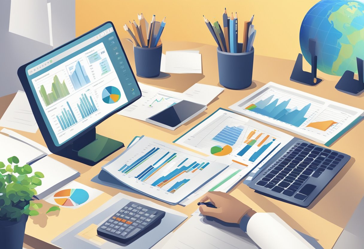 A desk with a computer, calculator, and financial documents. A chart showing income and expenses. A person reviewing financial reports