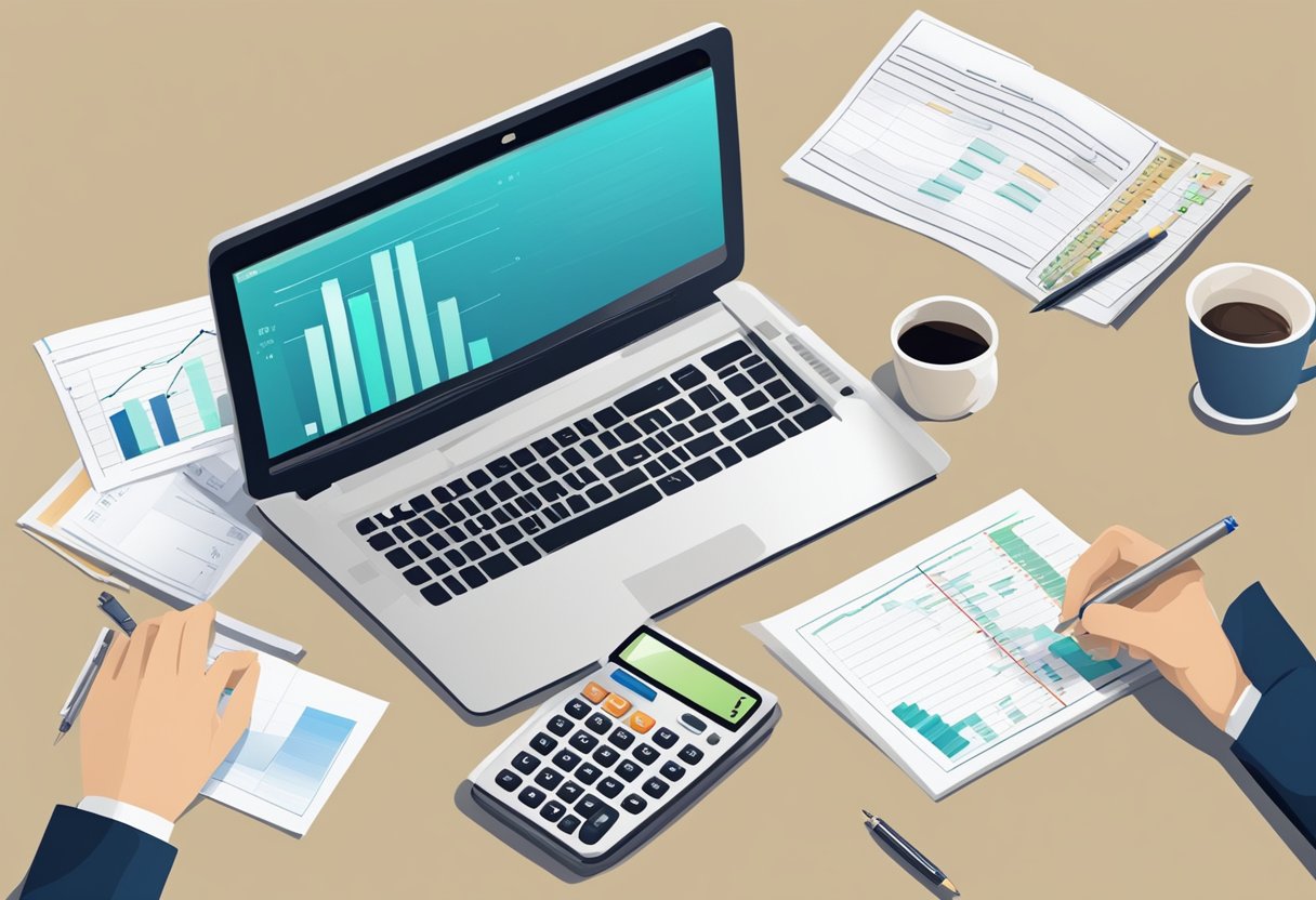 A table with a laptop, financial documents, and a calculator. A chart showing income and expenses. A person writing notes