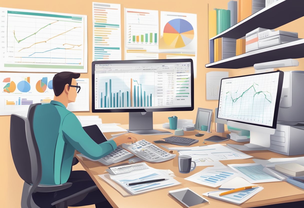 A desk with a computer, financial documents, and a calculator. A whiteboard with budget plans and graphs. A person organizing files