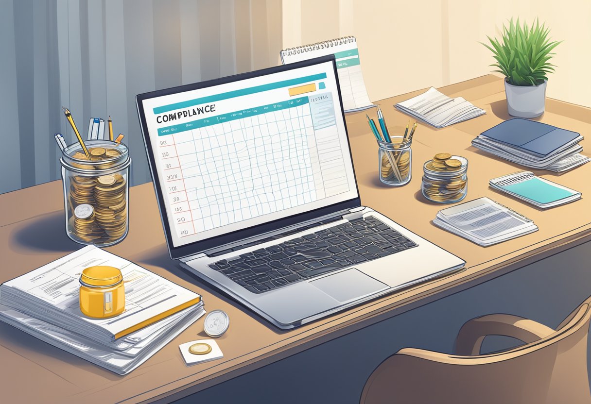 A desk with a computer, financial documents, and a checklist. A transparent jar filled with coins and a compliance manual on the desk. A calendar marking important dates