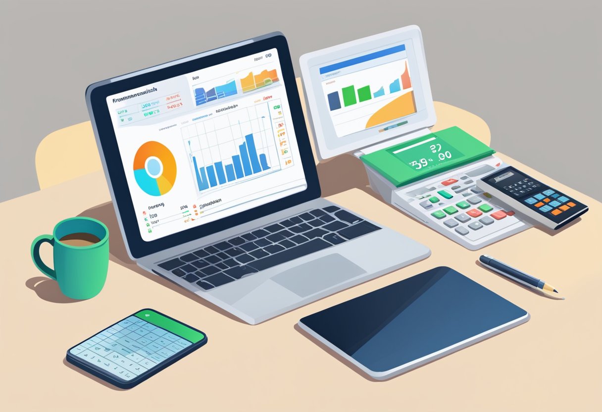 A desk with a computer, calculator, and financial documents. A smartphone displaying financial app. A person using a laptop to manage finances