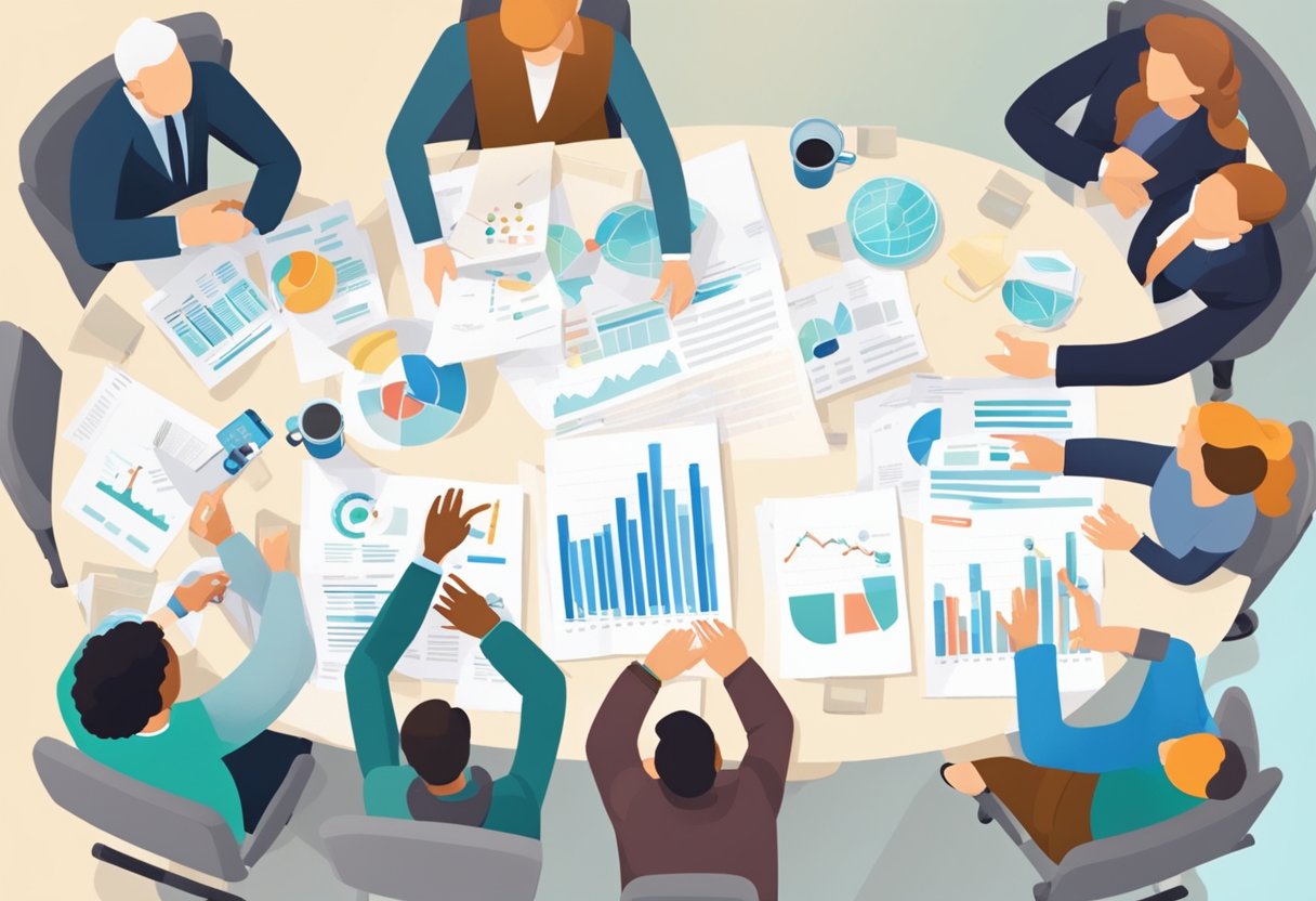 A group of people gather around a table, discussing fundraising strategies and donor relations. Charts and graphs are displayed, showcasing financial management tips for non-profit organizations