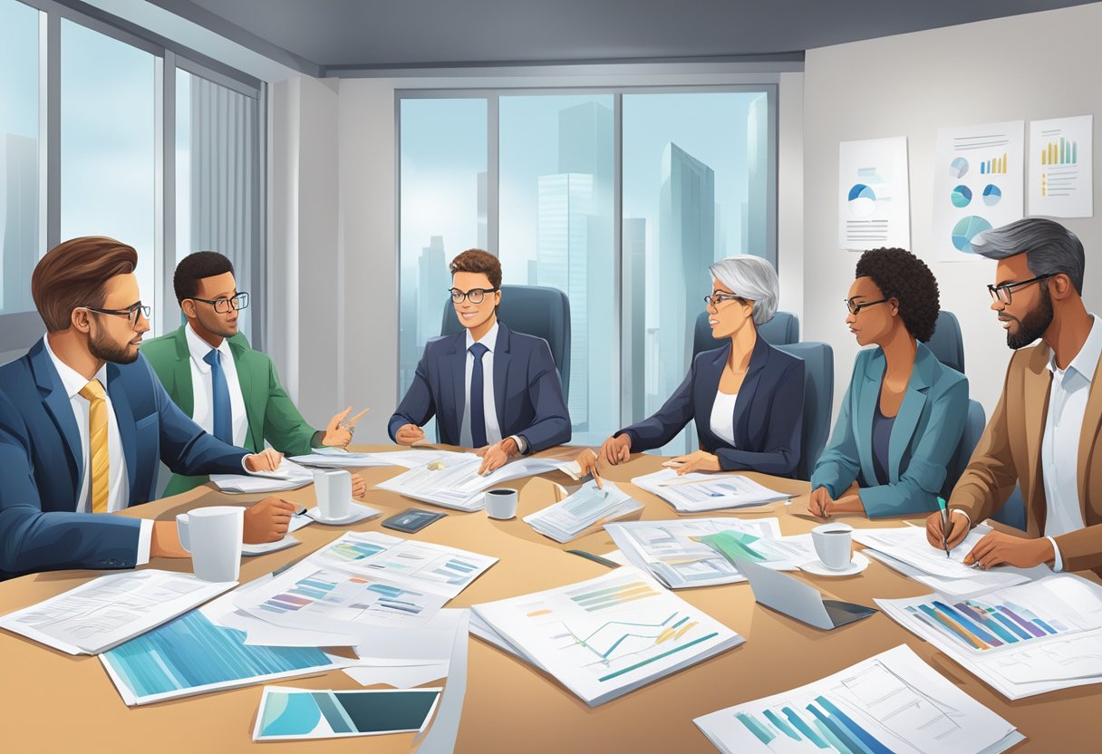 A boardroom table with financial documents and charts, a group of diverse individuals engaged in discussion, and a sense of purpose and determination in the air