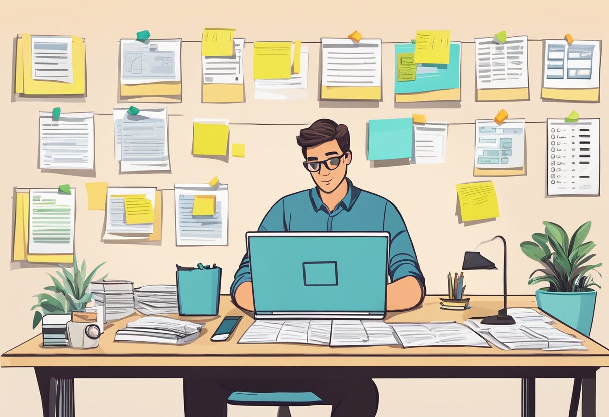 A desk with financial documents, a laptop, and a checklist. A person reviewing and auditing the documents. Post-it notes with financial tips on the wall