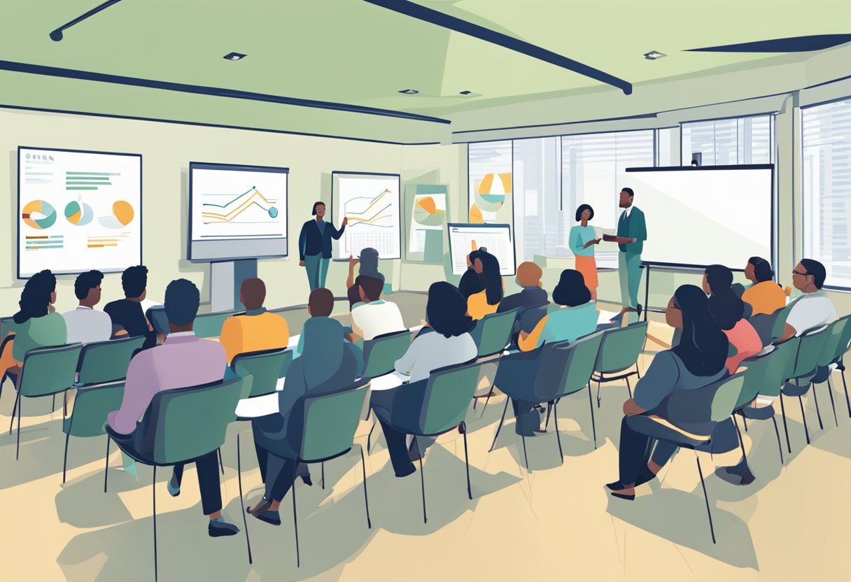 A group of professionals attend a workshop on managing non-profit finances. Charts, graphs, and interactive discussions fill the room as participants engage in professional development and training