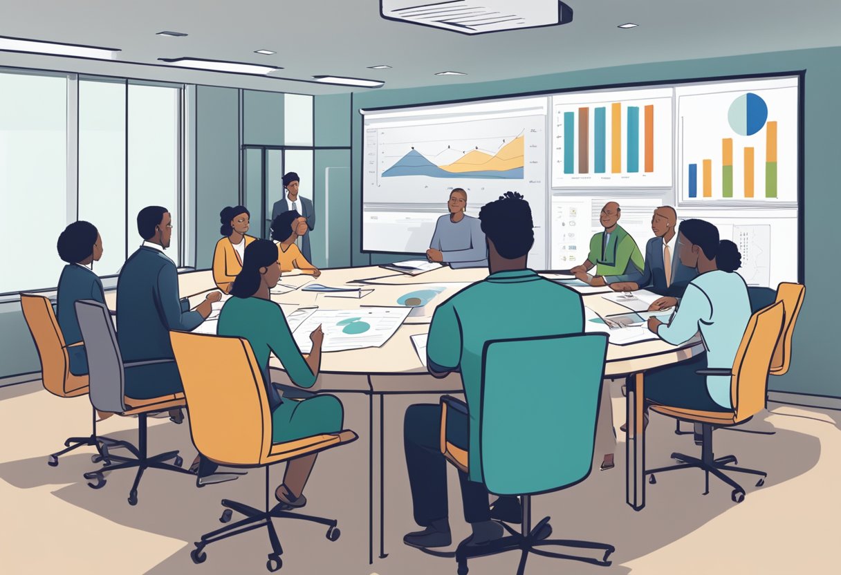 A group of diverse individuals sit around a table, exchanging ideas and documents. Charts and graphs are displayed on a screen, while notes are being taken