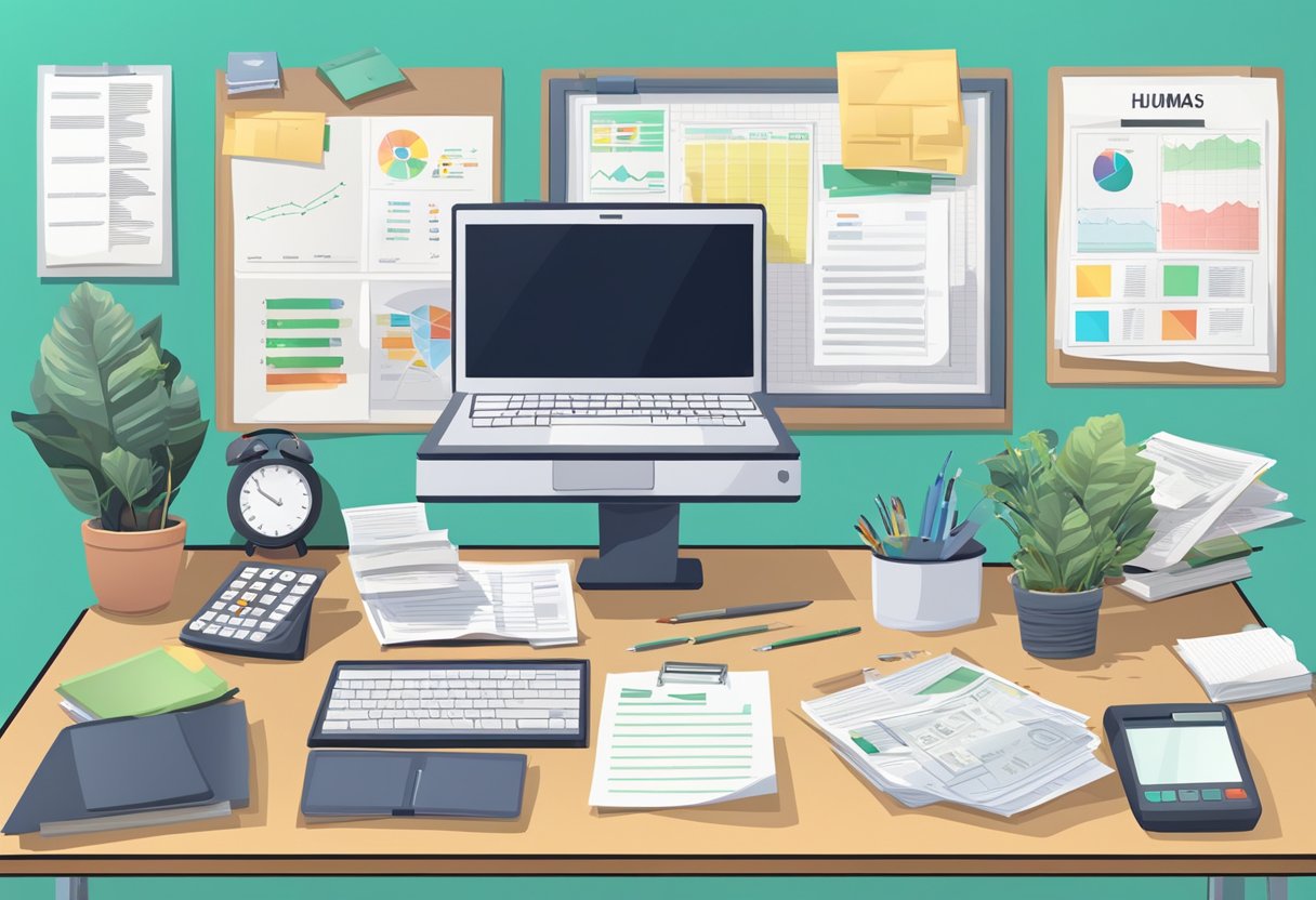 A desk with a computer, calculator, and financial documents. A bulletin board with tips and FAQs. No humans or body parts