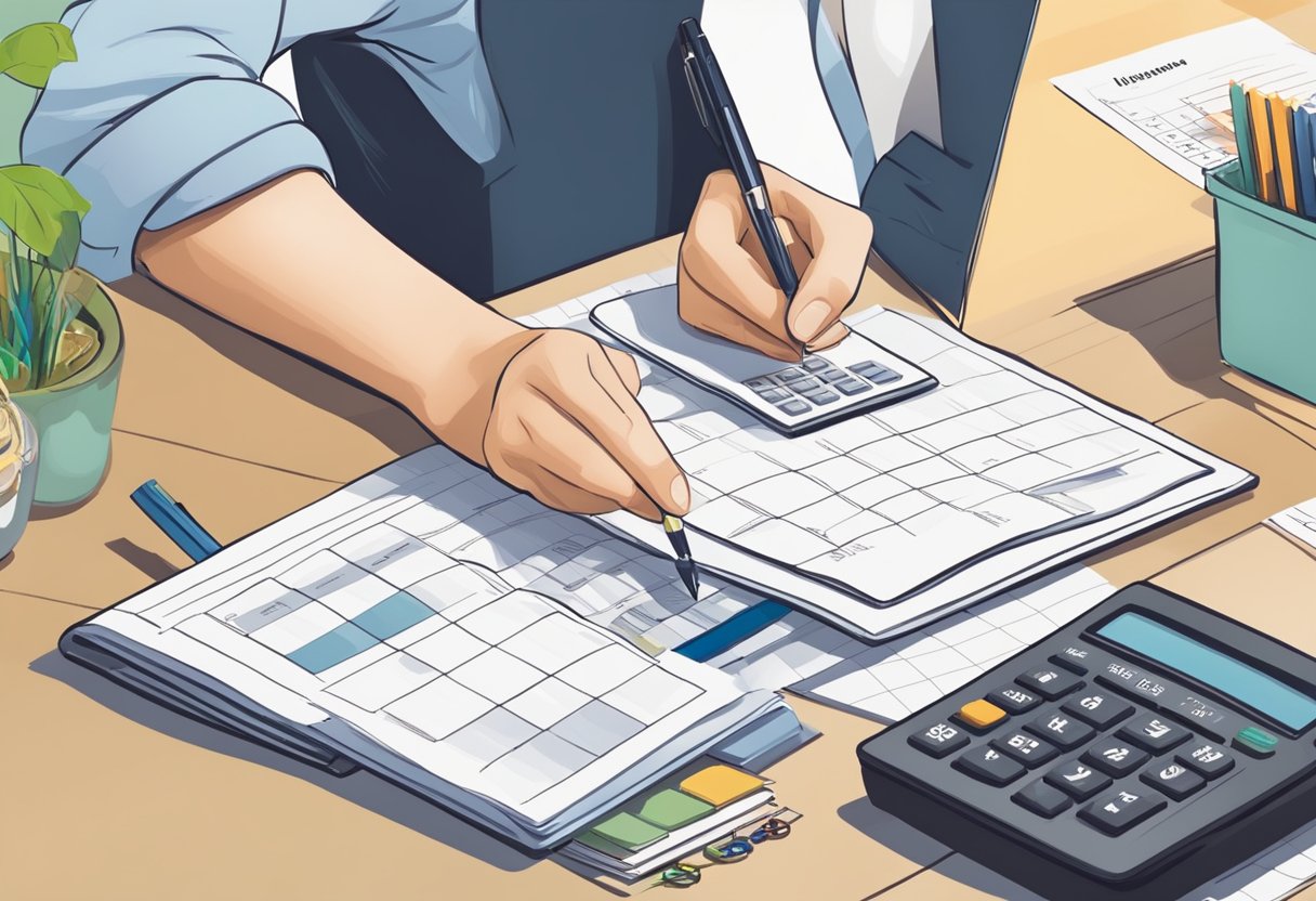 A desk with a calculator, calendar, and financial documents. A person writing in a planner with a determined expression